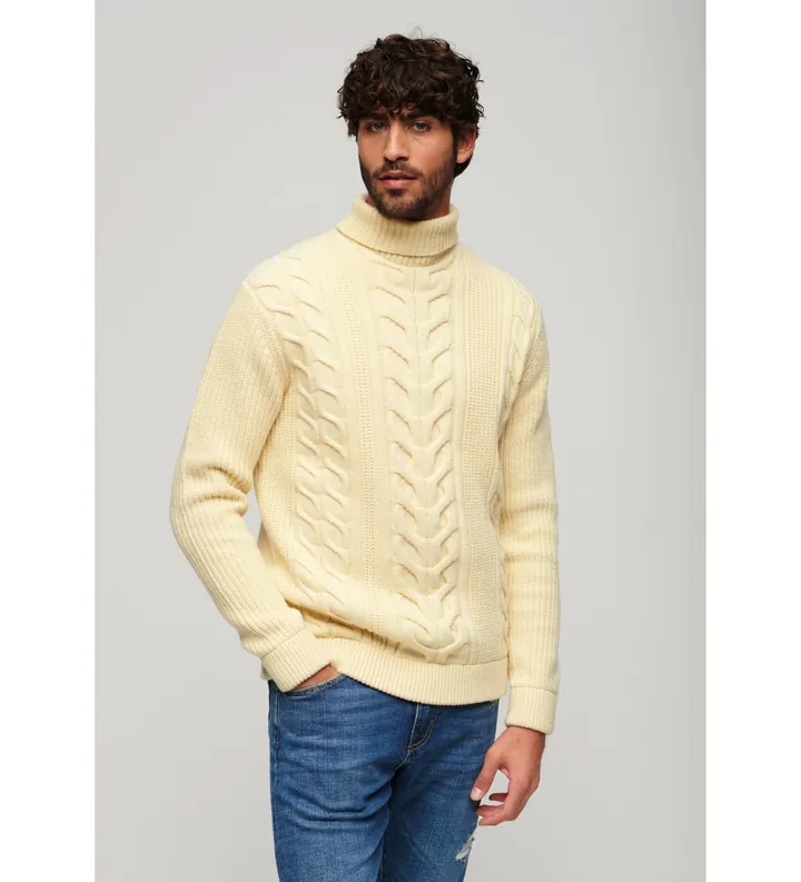 Superdry para hombre. M6110583A Jersey de cuello vuelto en punto trenzado Merchant Store amarillo (XL), Casual, Acrílico, Manga larga