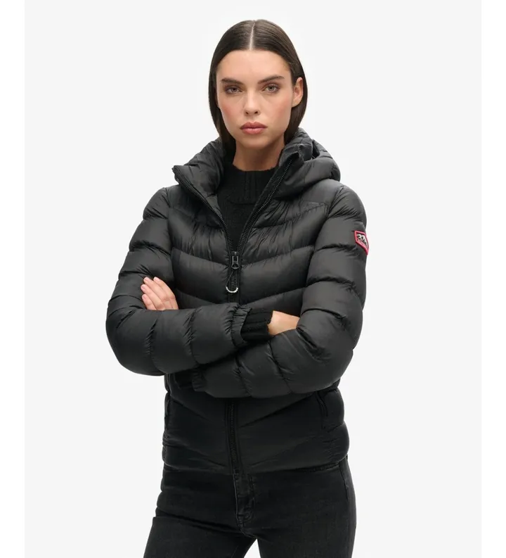 Superdry para mujer. W5011593A Chaqueta acolchada con Capucha Fuji negro (L), Casual, Poliéster