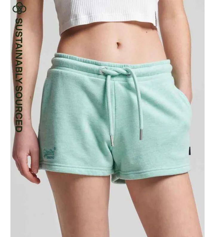 Superdry para mujer. W7110286A Short de punto de algodón orgánico con logotipo Vintage Logo verde (L), Casual, Deportivo, Sostenible