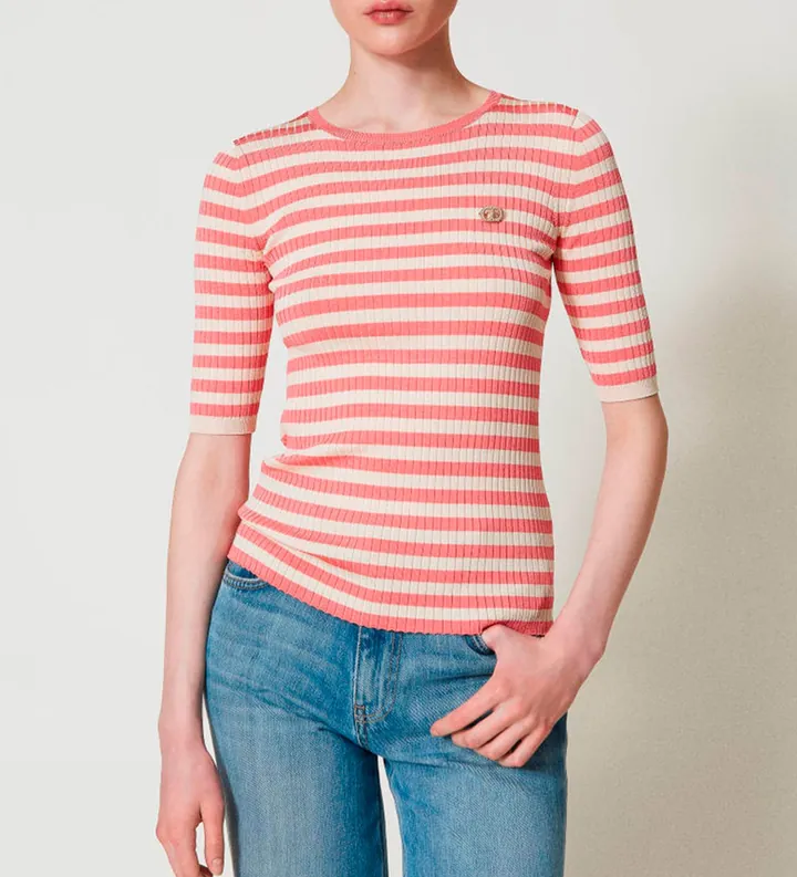Twinset para mujer. 251TP3470 Jersey de rayas con manga corta rosa, beige (M), Casual, Viscosa