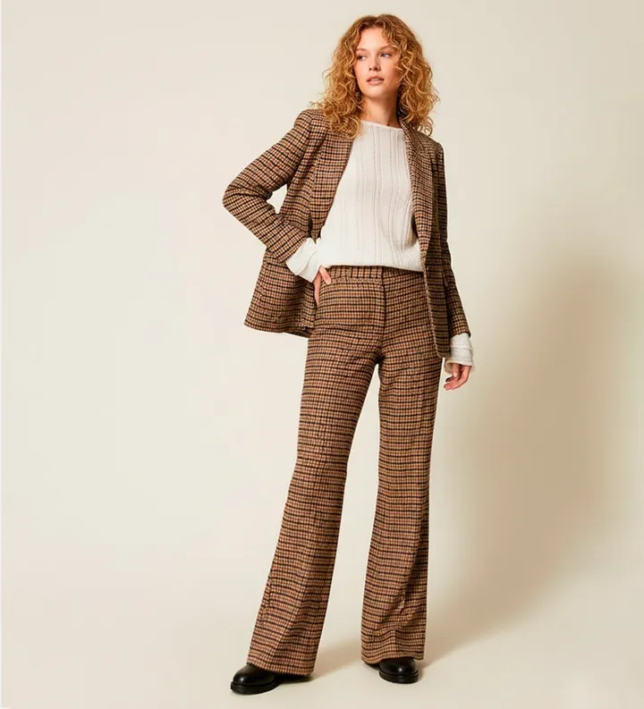 Twinset para mujer. 252TT2421 Pantalón de lana mixta de cuadros marrón (40), Casual