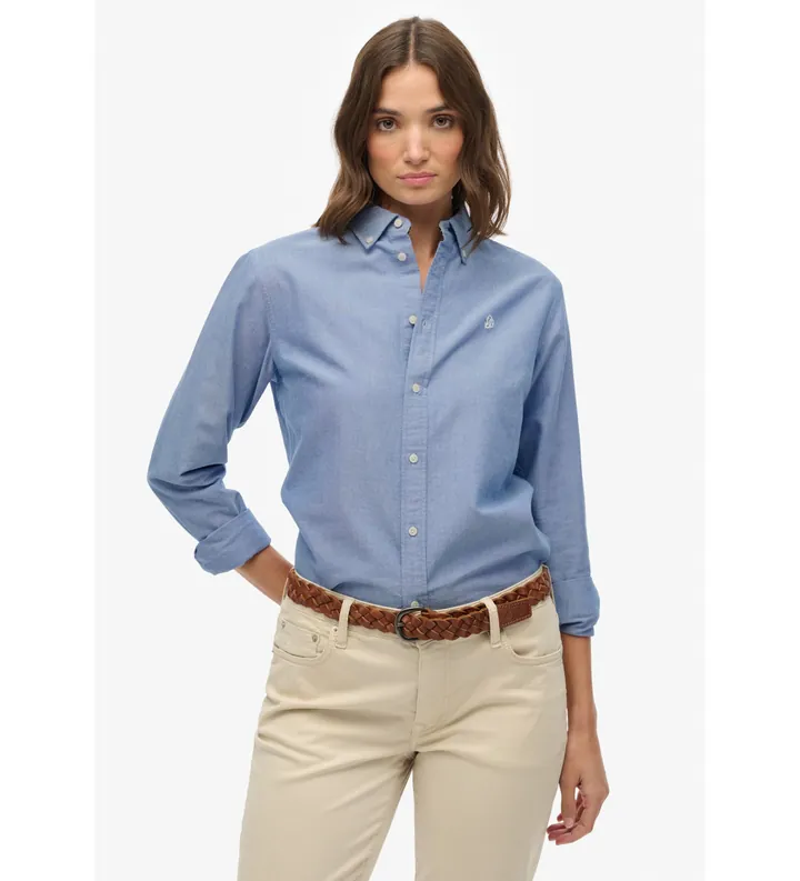 Superdry para mujer. W4010565A Camisa Slim Oxford azul (L), Casual, Algodón, Clásico, Manga larga
