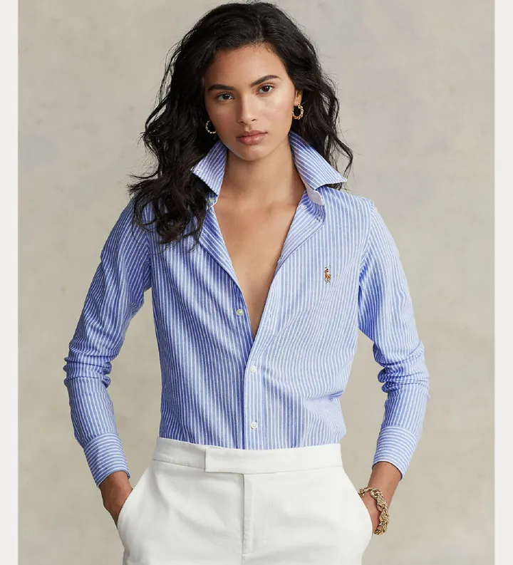 Polo Ralph Lauren para mujer. 211664416002 Camisa Oxford de punto con rayas azul (L), Casual, Algodón, Manga larga