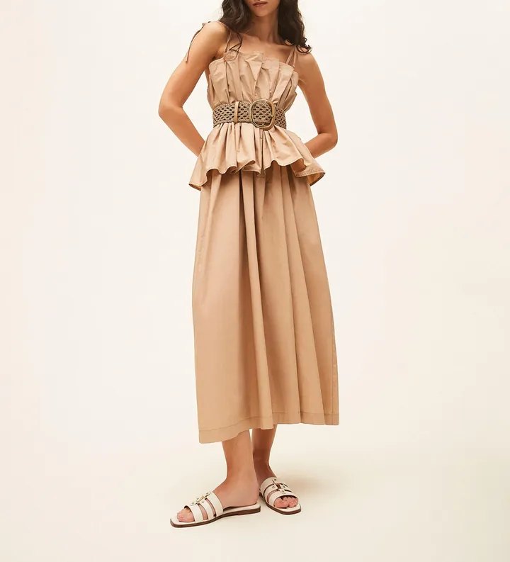 Twinset para mujer. 261TF2030 Vestido de popelina con volante beige (38), Casual, Fiesta, Algodón, Sin mangas / Tirantes