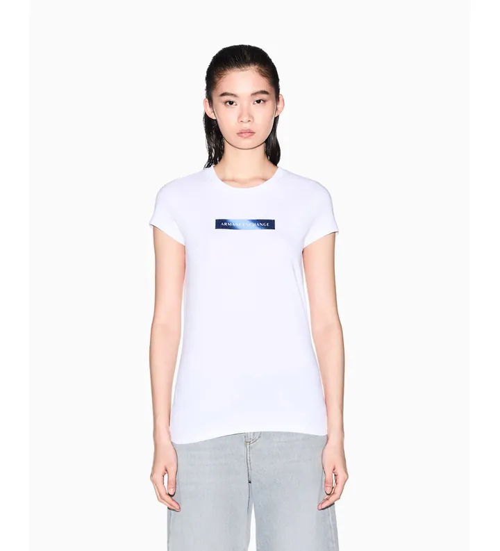 A|X Armani Exchange para mujer. XW002112AF16294U0002 Camiseta ajustada de punto de algodón elástico blanco (L), Casual, Manga corta