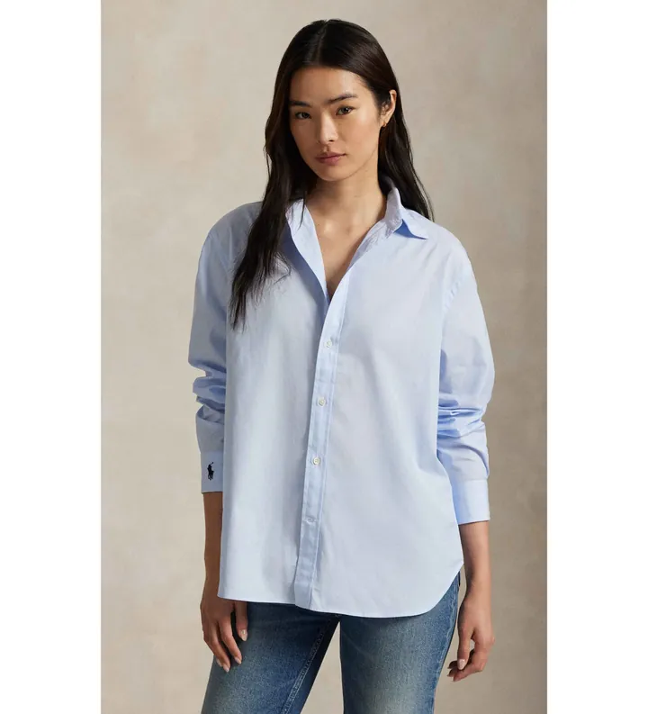 Polo Ralph Lauren para mujer. 211968220002 Camisa Oversize azul (L), Casual, Algodón, Manga larga