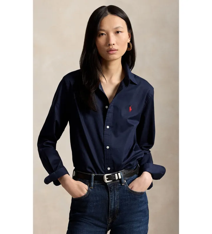 Polo Ralph Lauren para mujer. 211A92177014 Camisa de sarga de algodón Classic Fit marino (L), Casual, Clásico, Manga larga