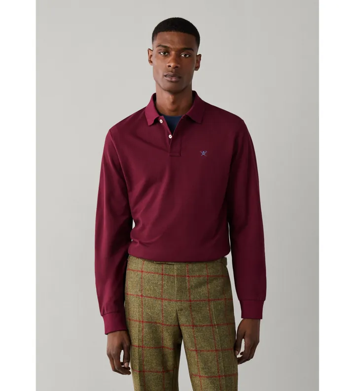 Hackett London para hombre. HM5500048 Polo Slim Fit Logo de manga larga burdeos (L), Casual, Algodón, Clásico