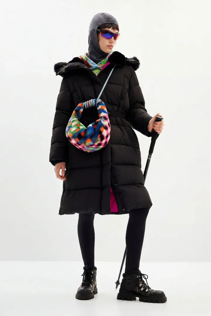 Desigual, Abrigo acolchado cinturón, Poliester, Negro, L