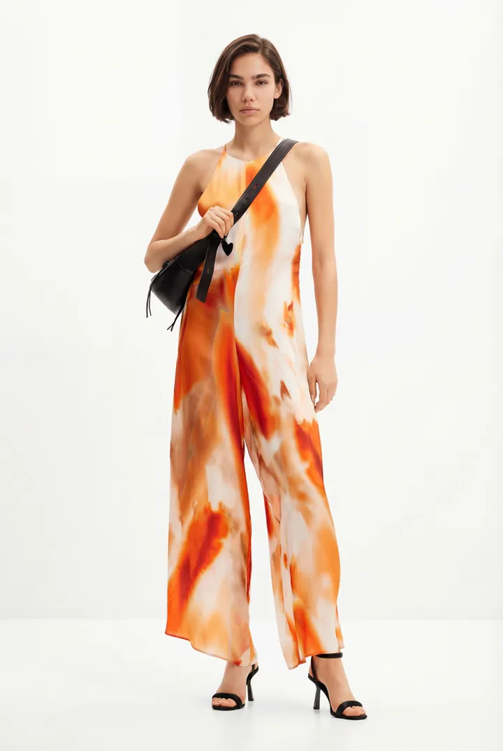 Desigual, Mono halter largo abstracto, Viscosa, Naranja, L