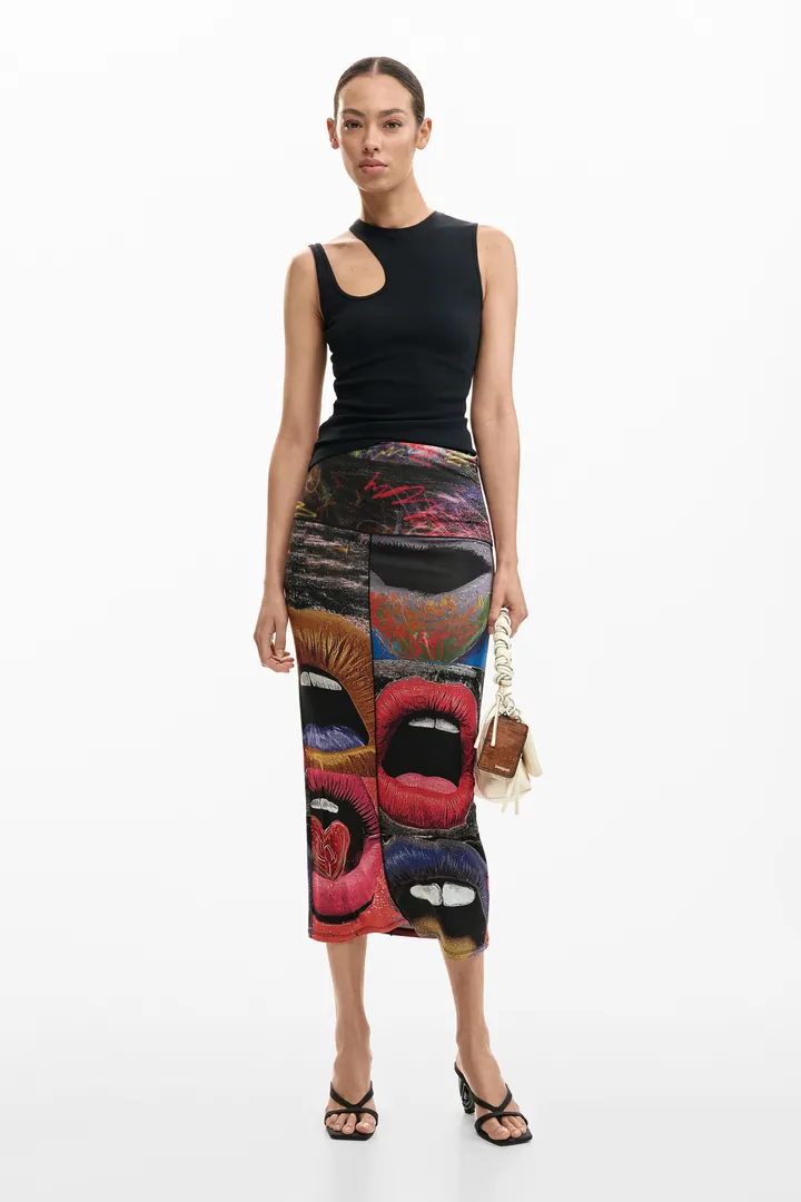 Desigual, Falda estampada bocas, Mujer, Viscosa, Negro, L