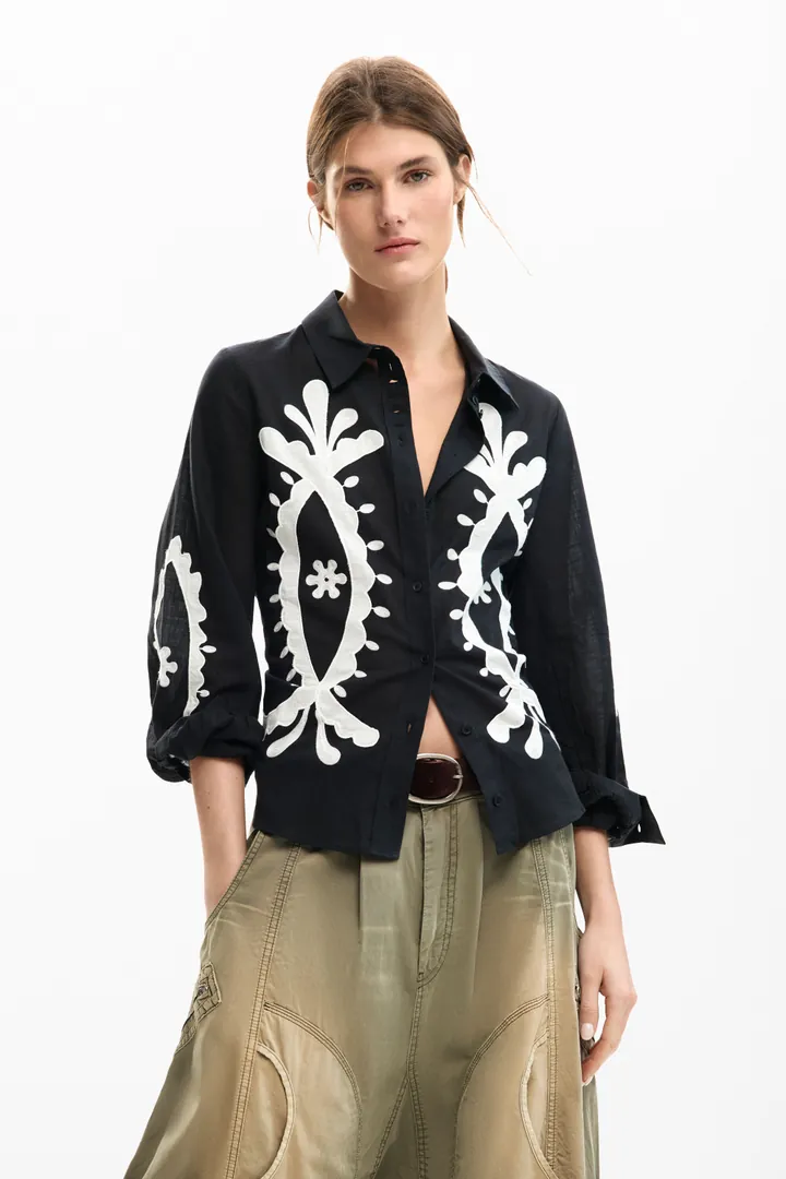 Desigual, Camisa bordados farol, Mujer, Algodon, Negro, L