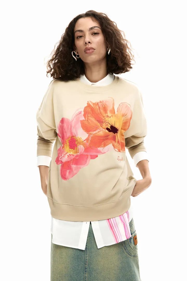 Desigual, Sudadera estampado floral, Mujer, Algodon, Rojo, L