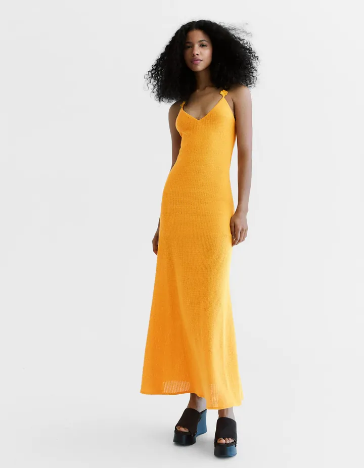 Bershka Vestido Midi Rústico Crochet Mujer L Amarillo