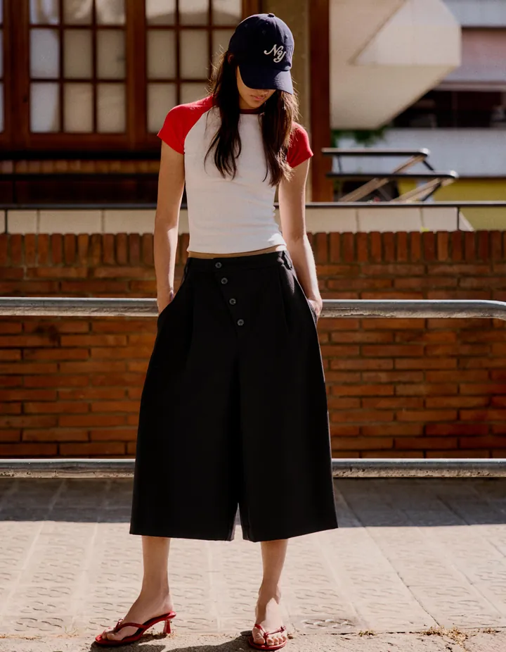 Bershka Bermuda Culotte Botones Cruzados Mujer 32 Negro