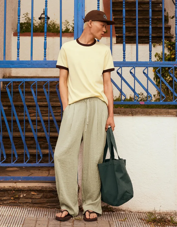 Bershka Pantalón Baggy Rústico Hombre L Verde