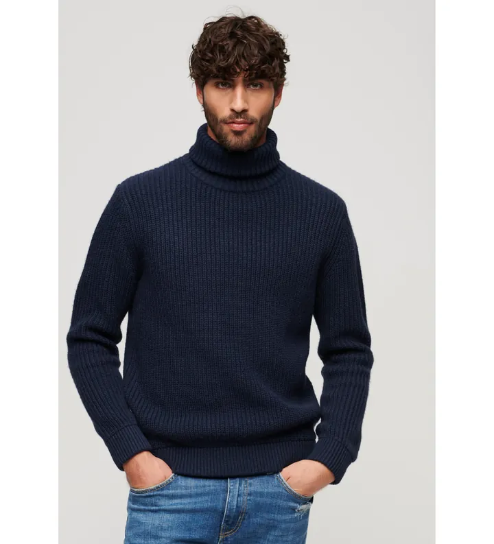 Superdry para hombre. M6110584A Jersey de cuello vuelto con textura Merchant Store marino (L), Casual, Acrílico, Manga larga