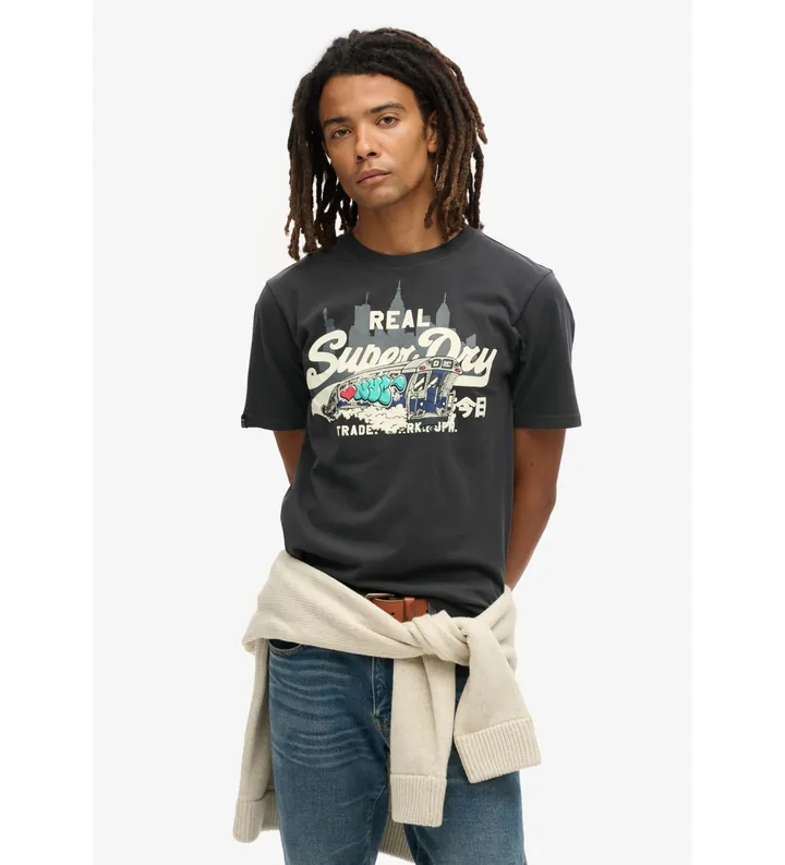 Superdry para hombre. M1011996A Camiseta New York Vl Graphic negro (L), Casual, Algodón, Manga corta