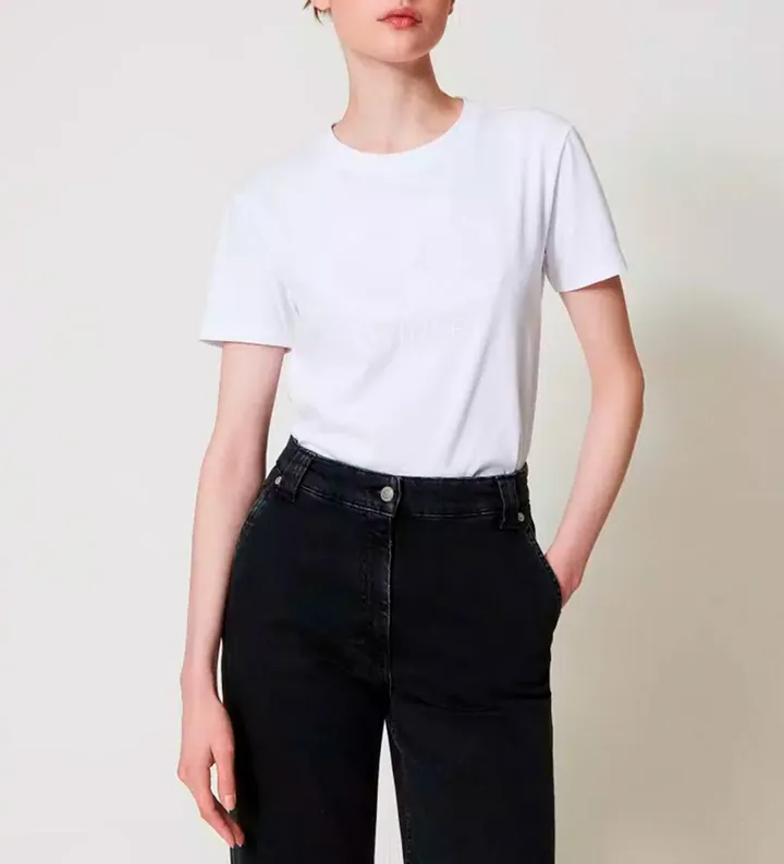 Twinset para mujer. 251TP2072 Camiseta con placa Oval T con strass blanco (XS), Casual, Algodón, Manga corta