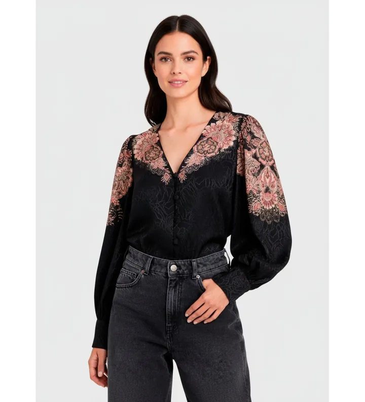Twinset para mujer. 252TP2046 Blusa floral negro (40), Casual, Algodón, Manga larga