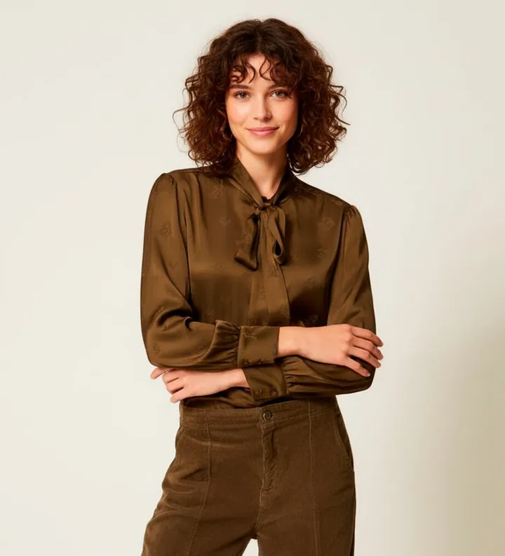 Twinset para mujer. 252TT2361 Camisa de raso de jacquard verde (42), Casual, Viscosa, Manga larga