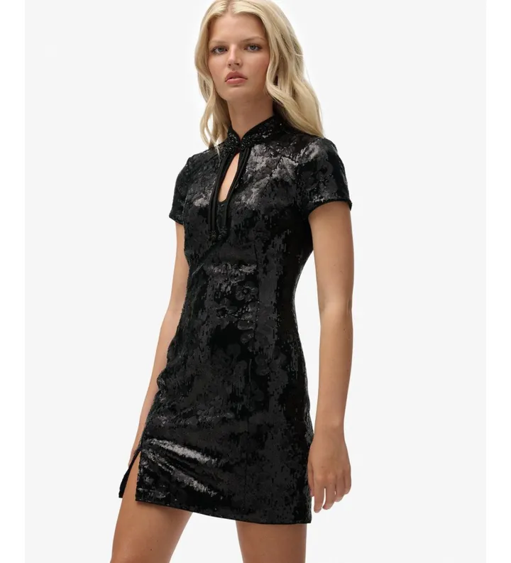 Superdry para mujer. W8012036A Vestido Mandarin Sequin Mini negro (L), Casual, Fiesta, Poliéster, Manga corta