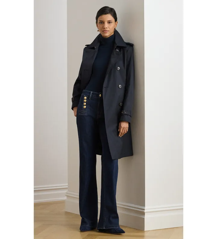 Lauren Ralph Lauren para mujer. 297967122003 Gabardina cruzada de mezcla de algodón marino (L), Casual, Clásico