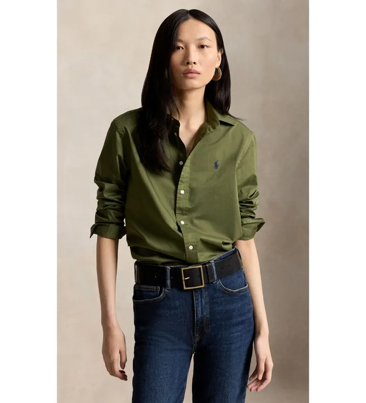Polo Ralph Lauren para mujer. 211A92177015 Camisa de sarga de algodón Classic Fit verde (L), Casual, Clásico, Manga larga