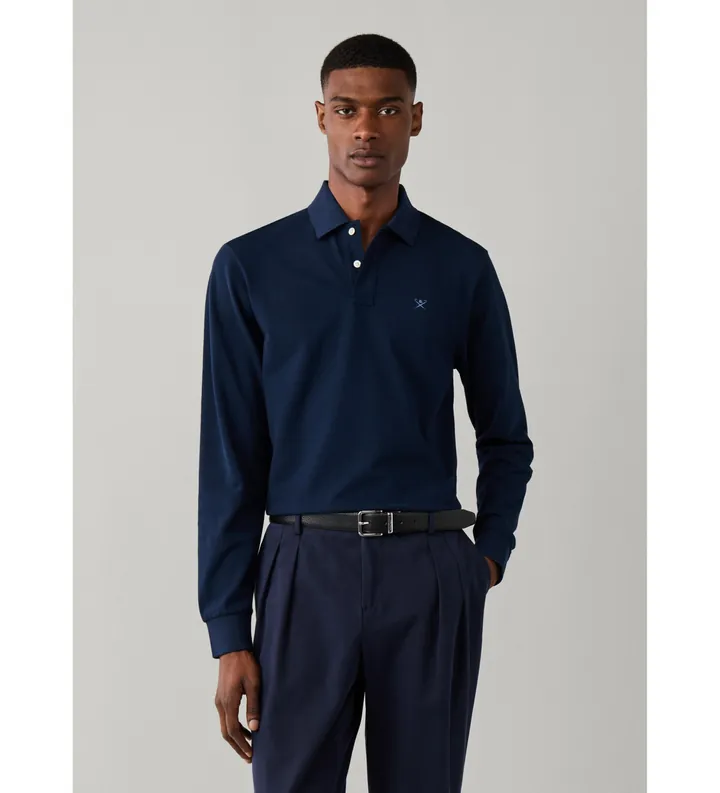 Hackett London para hombre. HM5500048 Polo Slim Fit Logo de manga larga marino (L), Casual, Algodón, Clásico