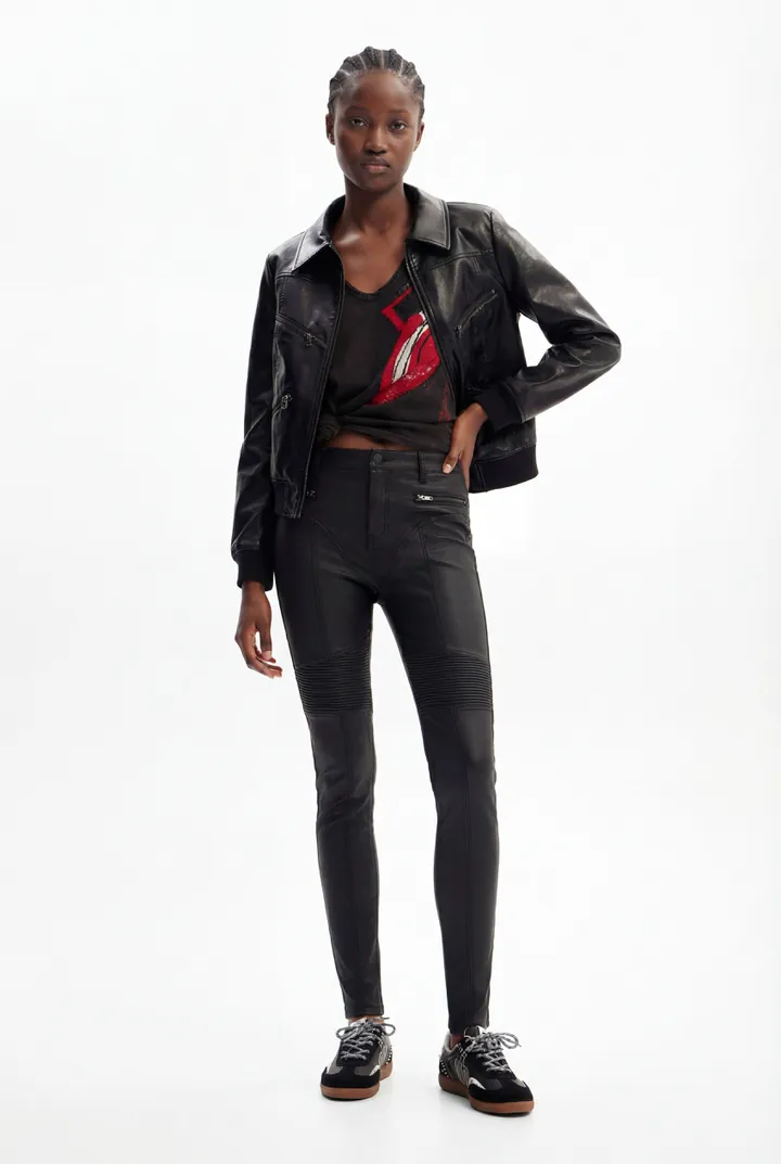 Desigual, Pantalón Slim efecto piel, Poliuretano, Negro, 34