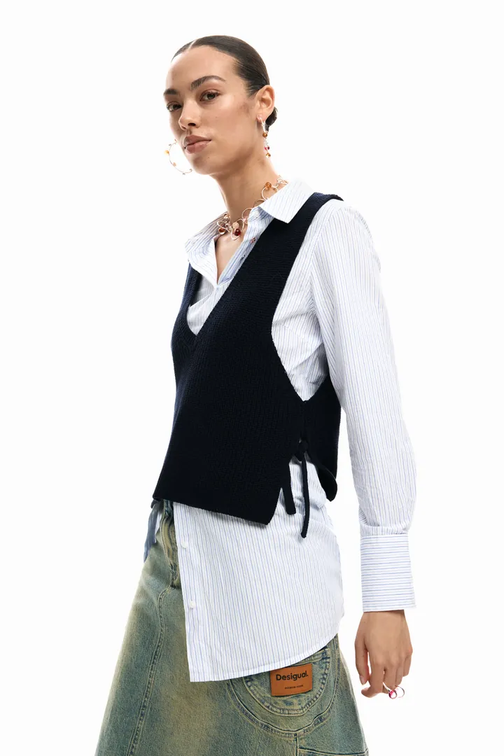 Desigual, Camisa chaleco desmontable, Mujer, Algodon, Negro, L