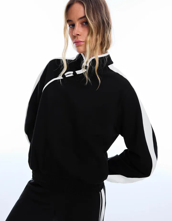 Bershka Sudadera Manga Larga Cuello Mao Y Alamares Mujer L Negro
