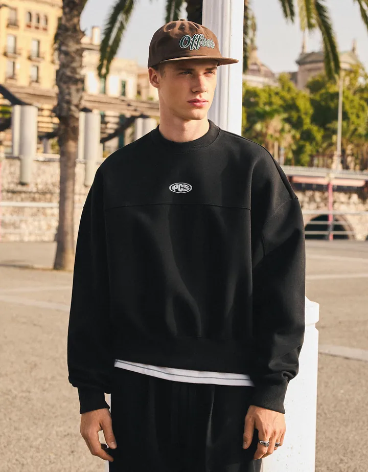 Bershka Sudadera Cuello Redondo Parche Hombre L Negro