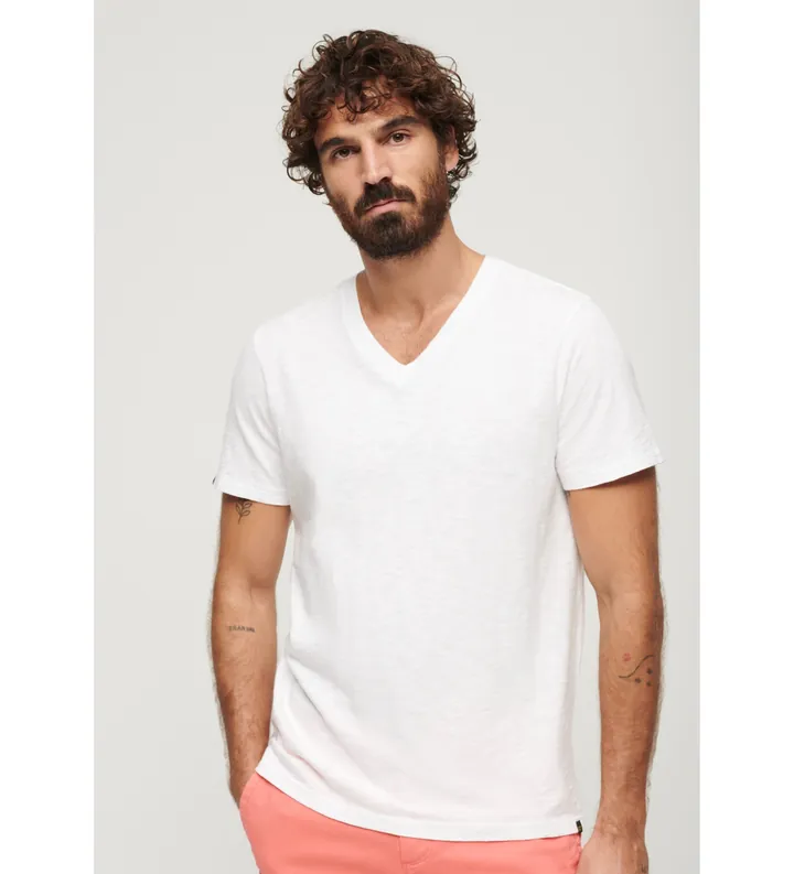 Superdry para hombre. M1011889A Camiseta flameada con cuello en V blanco (S), Casual, Algodón, Manga corta