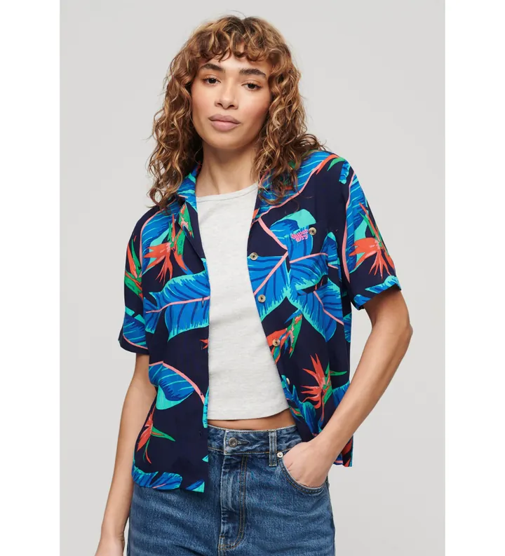 Superdry para mujer. W4010419A Camisa Beach Resort marino (L), Casual, Viscosa, Manga corta
