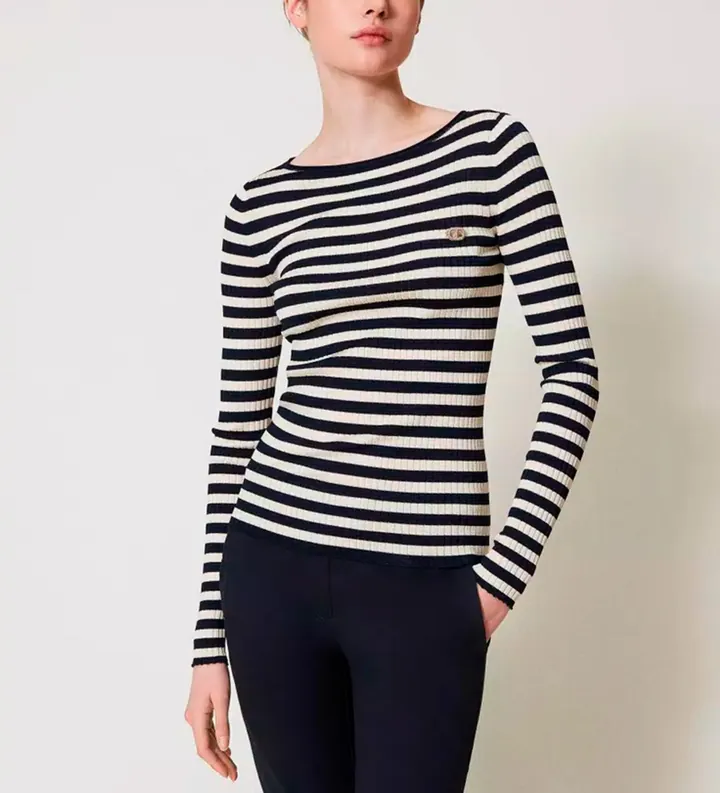 Twinset para mujer. 251TP3471 Jersey de rayas de manga larga negro (M), Casual, Viscosa