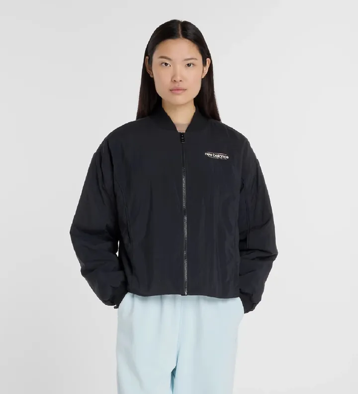 New Balance para mujer. WJ53500 Chaqueta bomber tejida reinventada negro (L), Casual, Nylon