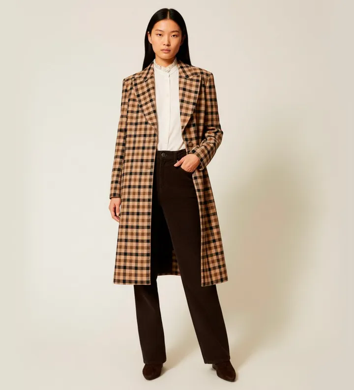 Twinset para mujer. 252TT2430 Abrigo de lana mixta de cuadros marrón (42), Casual