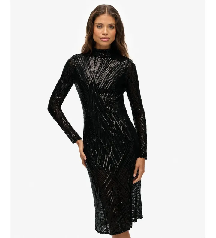 Superdry para mujer. W8012034A Vestido Open negro (L), Fiesta, Poliéster, Manga larga
