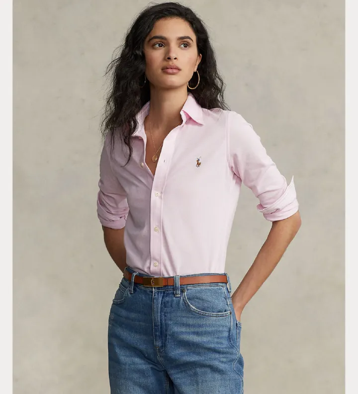 Polo Ralph Lauren para mujer. 211664427002 Camisa oxford Slim Fit punto de algodón rosa (L), Casual, Manga larga
