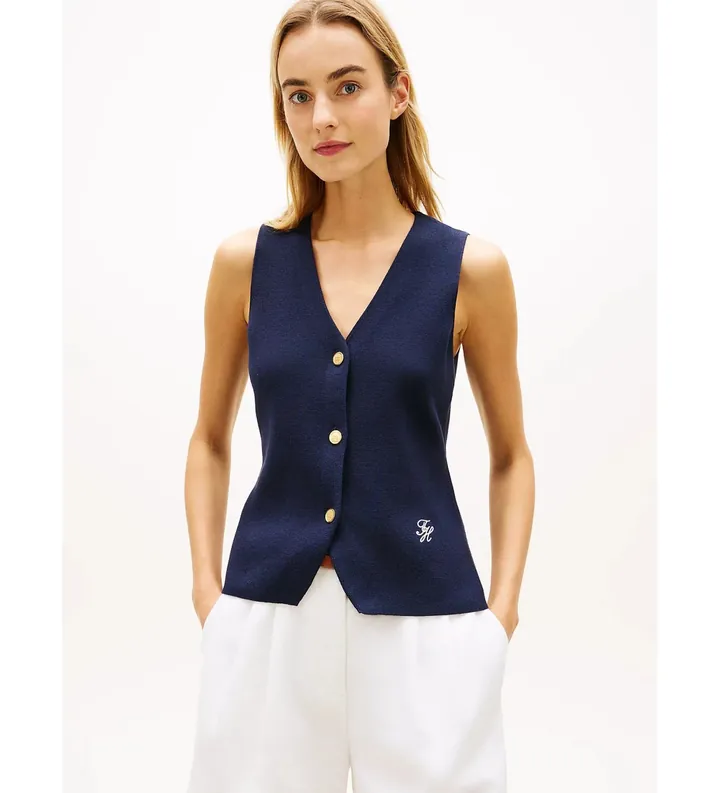 Tommy Hilfiger para mujer. WW0WW49707 Chaleco de punto Premium marino (M), Casual, Algodón