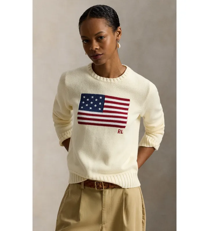 Polo Ralph Lauren para mujer. 211896939002 Jersey Flag de algodón beige (L), Casual, Manga larga