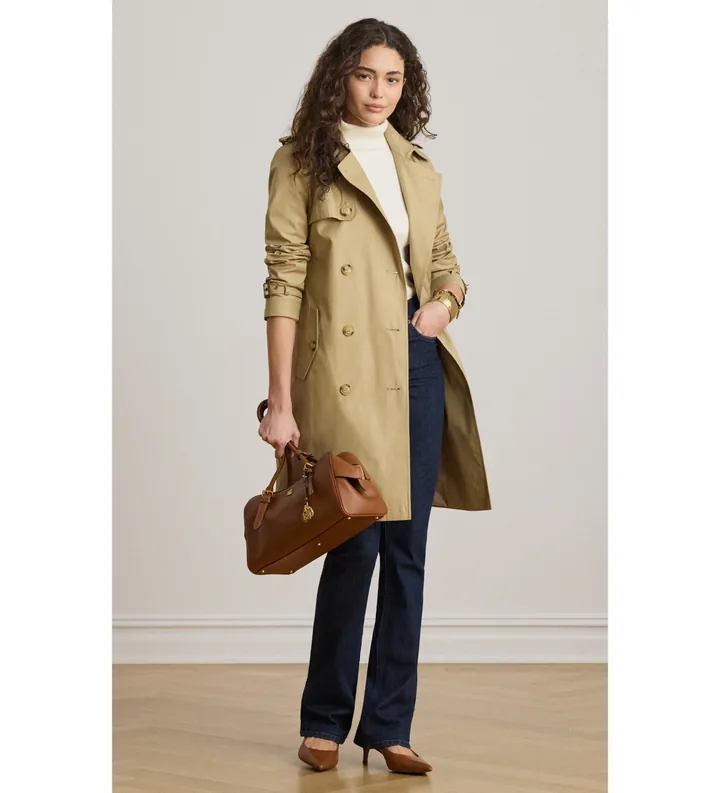 Lauren Ralph Lauren para mujer. 297967122002 Gabardina cruzada de mezcla de algodón beige (3XL), Casual, Clásico