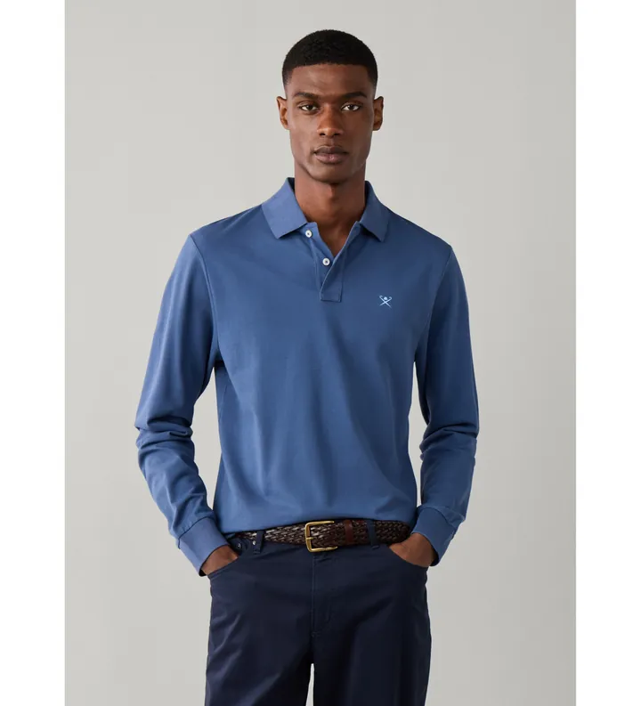 Hackett London para hombre. HM5500048 Polo Slim Fit Logo de manga larga azul (L), Casual, Algodón, Clásico