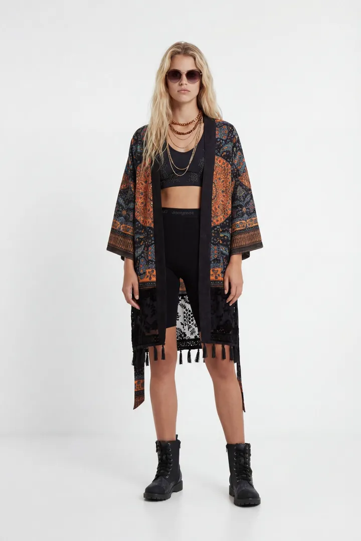 Desigual, Kimono étnico borlas, Viscosa, Negro, S