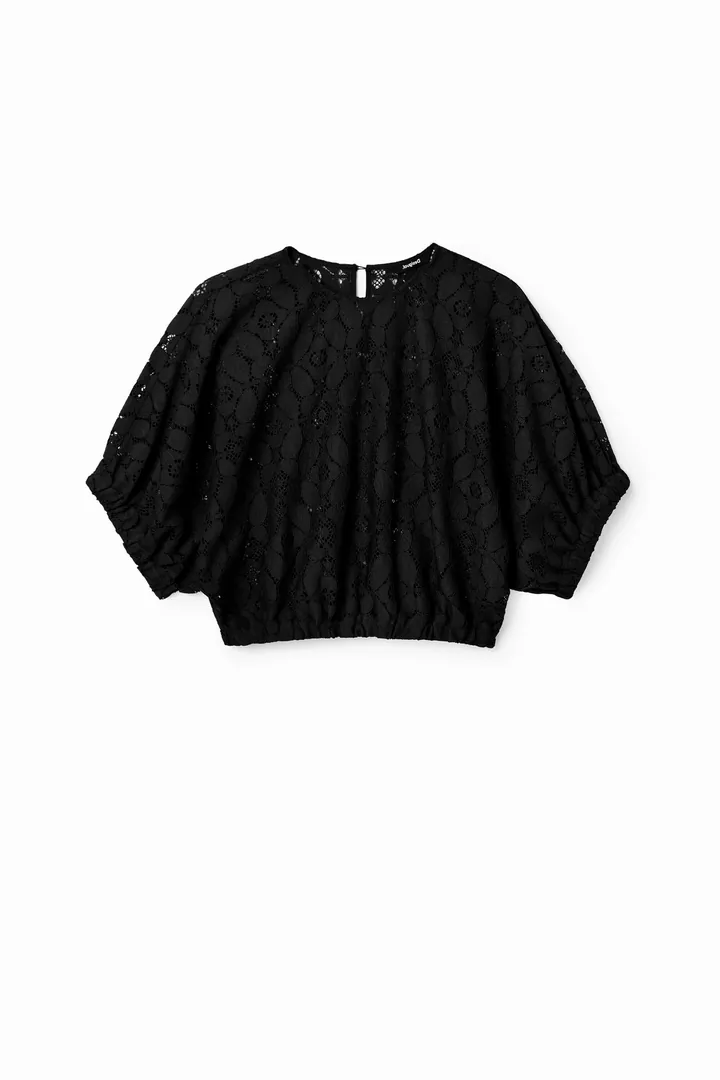 Desigual, Blusa corta abullonada encaje, Poliester, Negro, L