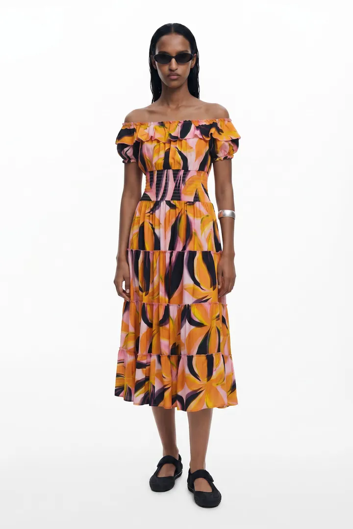 Desigual, Vestido bardot volantes, Viscosa, Rojo, L