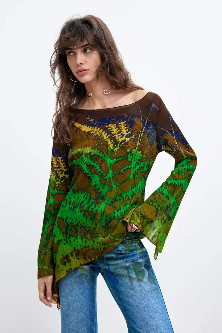 Desigual, Blusa Asimétrica Estampada M. C. Lacroix, Mujer, Viscosa, Verde, L