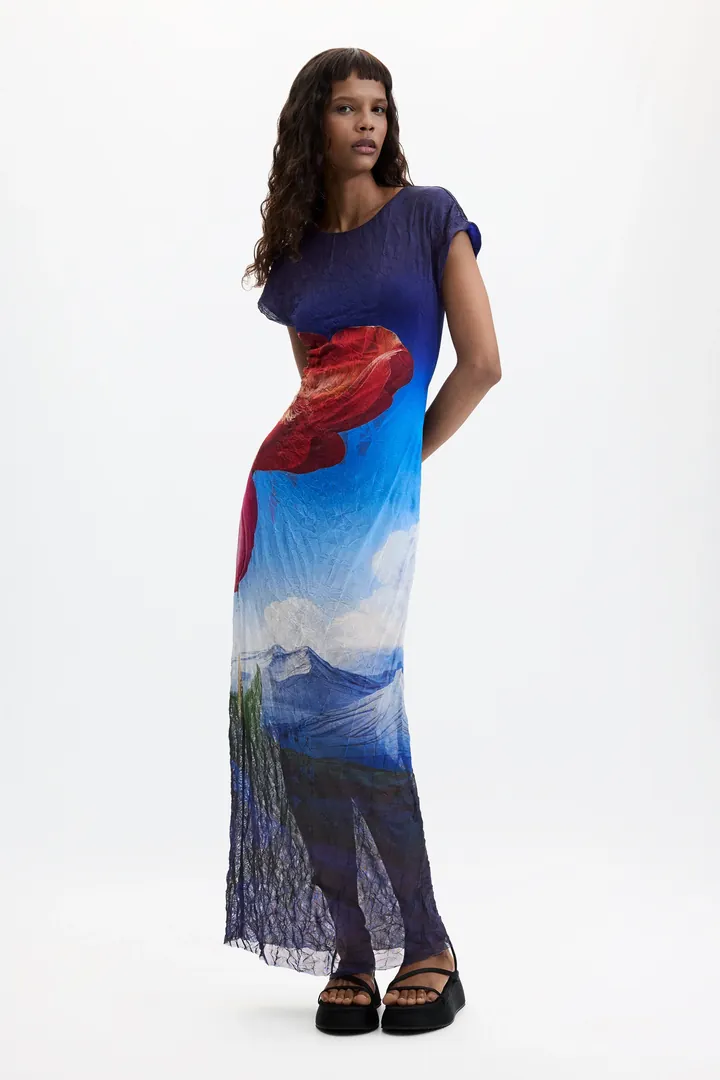 Desigual, Vestido Manga Corta Estampado, Mujer, Poliester, Azul, L