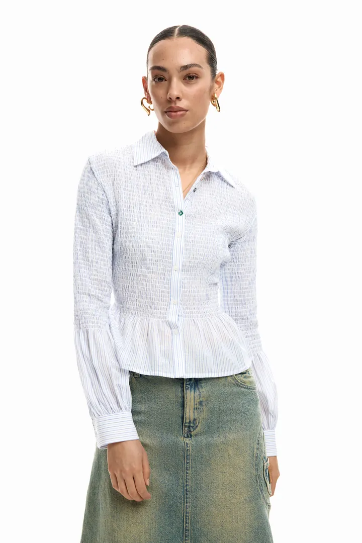Desigual, Camisa fruncida rayas, Mujer, Blanco, L